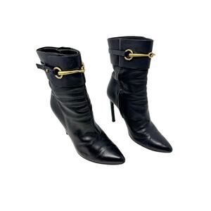 Gucci Ursula Black Leather Ankle Boots Gold Horsebit Heels EU 37.5